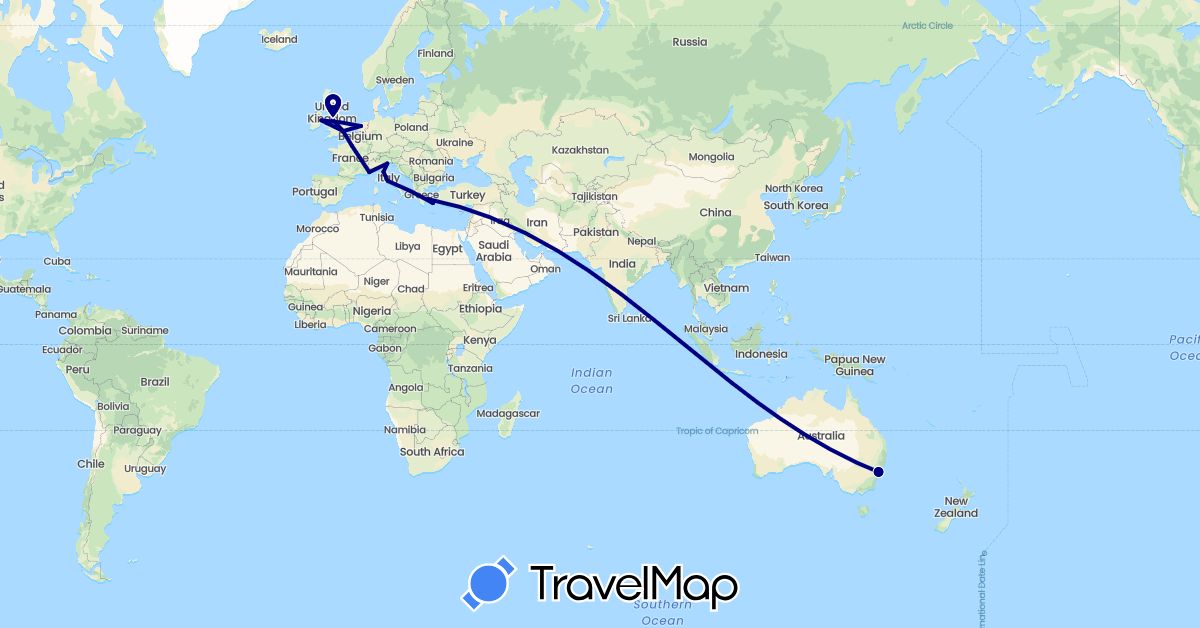 TravelMap itinerary: driving in Australia, France, United Kingdom, Greece, Ireland, Italy, Netherlands (Europe, Oceania)
